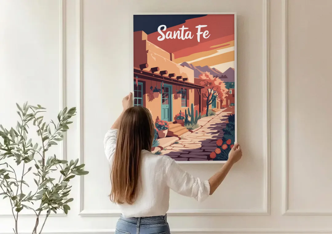 Santa Fe Southwest Charm canvas wall art being hung on a paneled wall