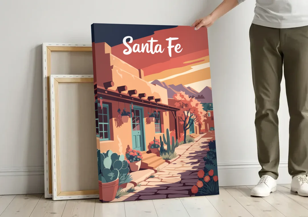 Santa Fe Southwest Charm canvas wall art leaning against a wall next to blank canvases