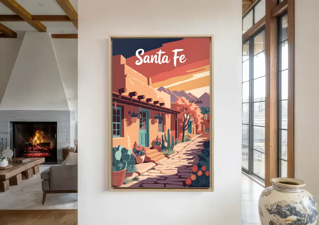 Santa Fe Southwest Charm canvas wall art in a living room with a fireplace