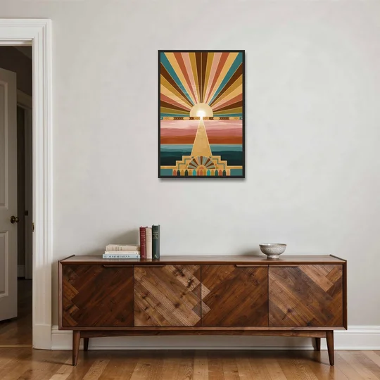 Santa Fe Sunburst Design - Black Framed Canvas Wall Art - Coffee Table - 24x36