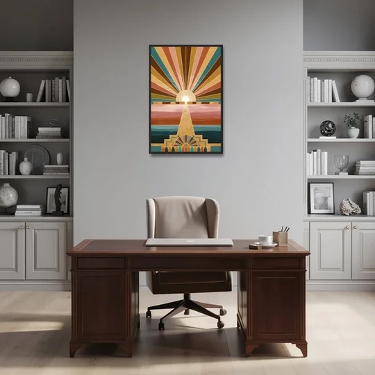 Santa Fe Sunburst Design - Black Framed Canvas Wall Art - Office - 24x36