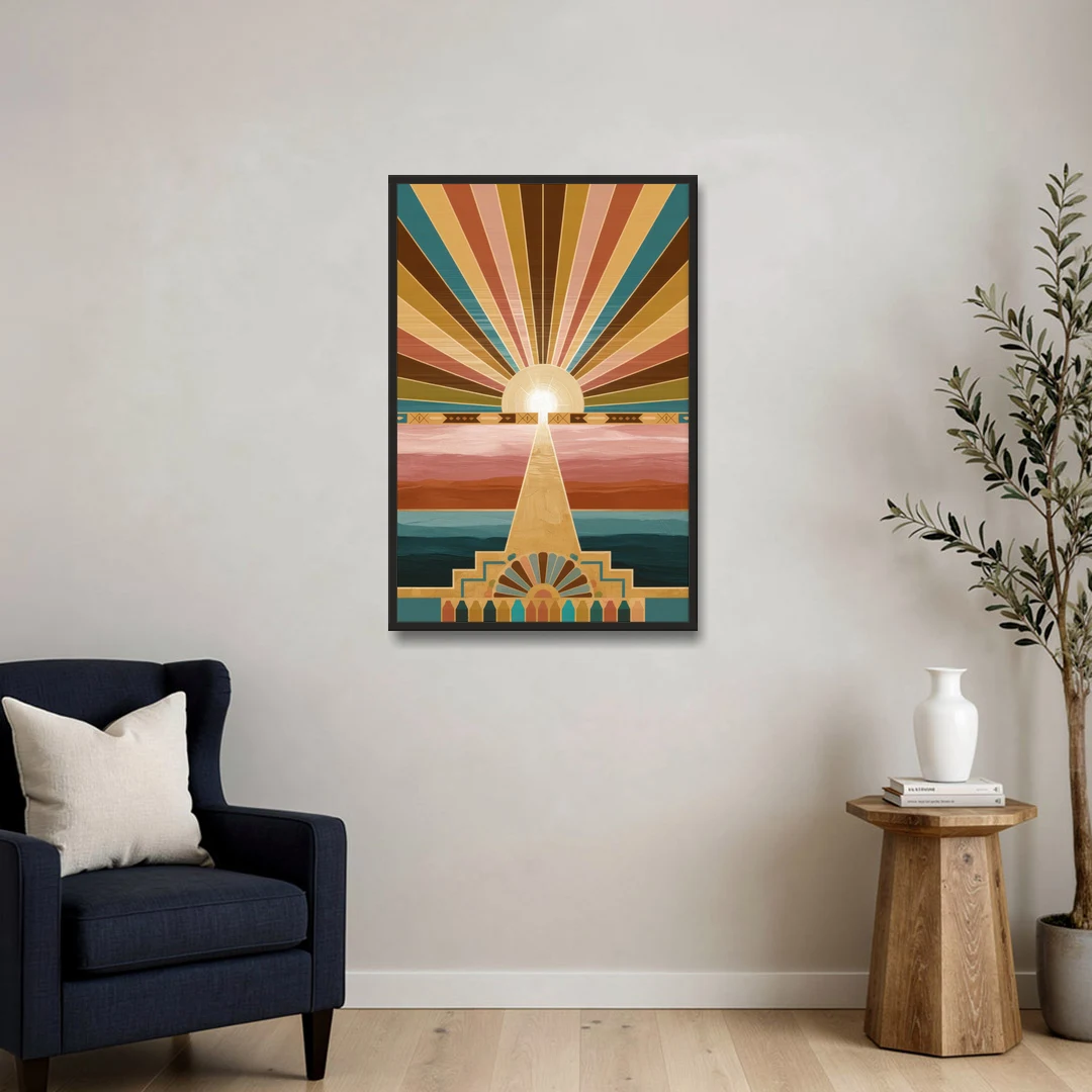 Santa Fe Sunburst Design - Black Framed Canvas Wall Art - Sofa - 24x36