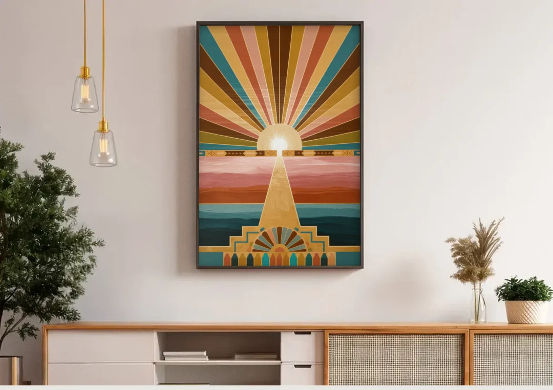 Santa Fe Sunburst Design canvas wall art above a wooden sideboard under pendant lights