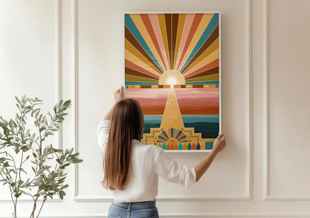 Santa Fe Sunburst Design canvas wall art being hung on a paneled wall