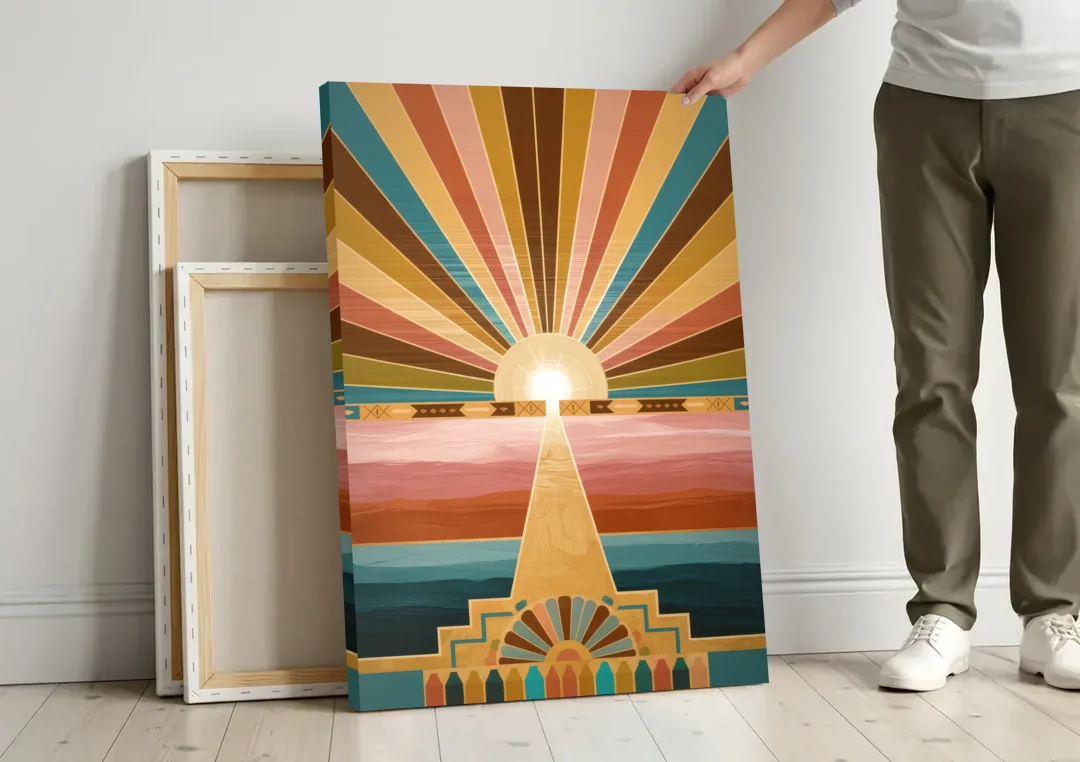 Santa Fe Sunburst Design canvas wall art leaning against a wall next to blank canvases