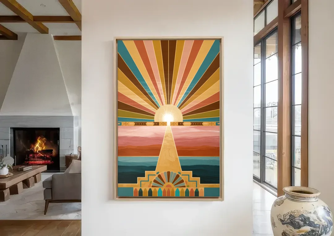 Santa Fe Sunburst Design canvas wall art in a living room with a fireplace