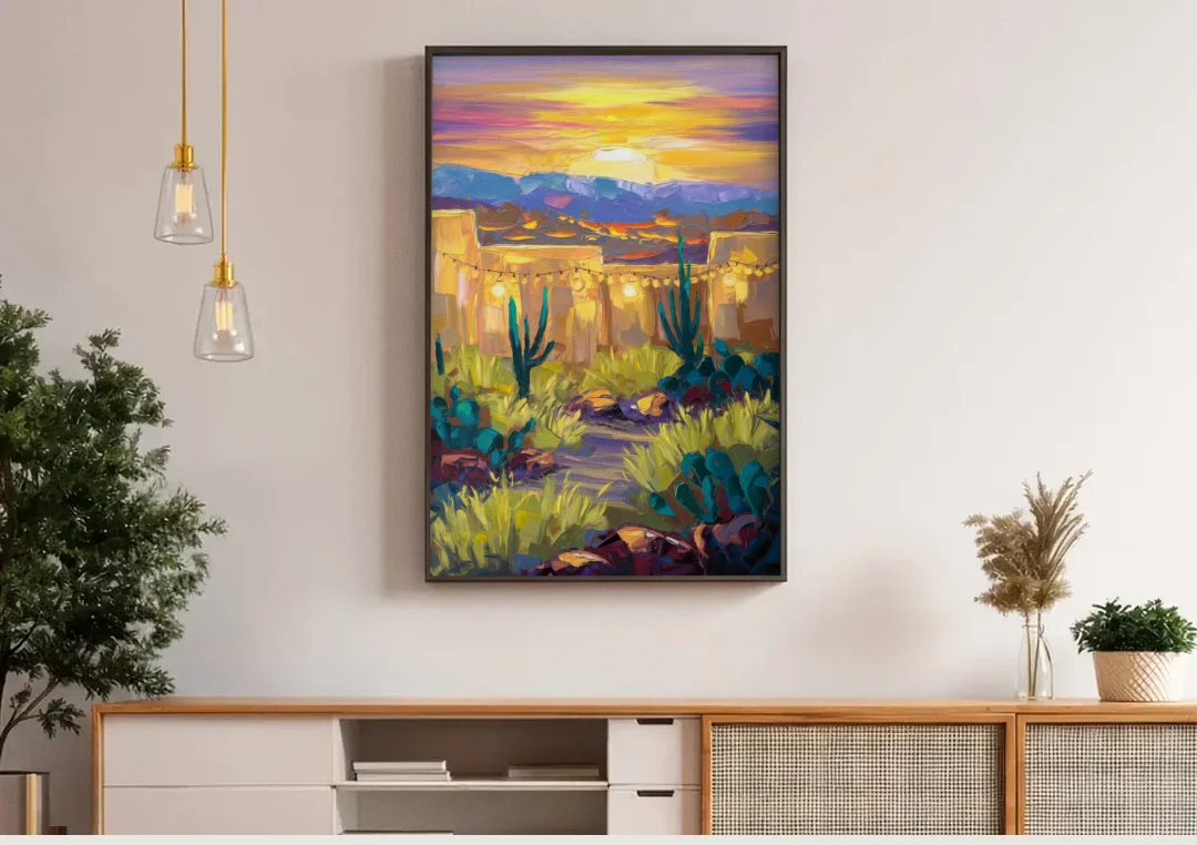 Santa Fe Sunlit Horizon canvas wall art above a wooden sideboard under pendant lights