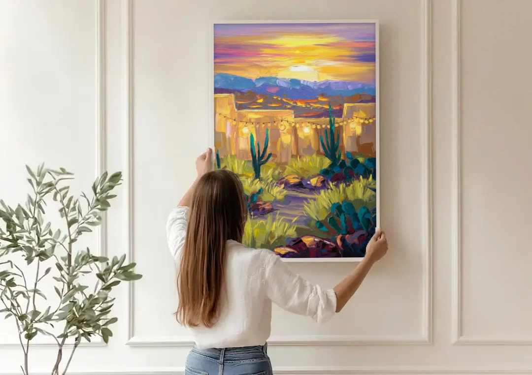 Santa Fe Sunlit Horizon canvas wall art being hung on a paneled wall