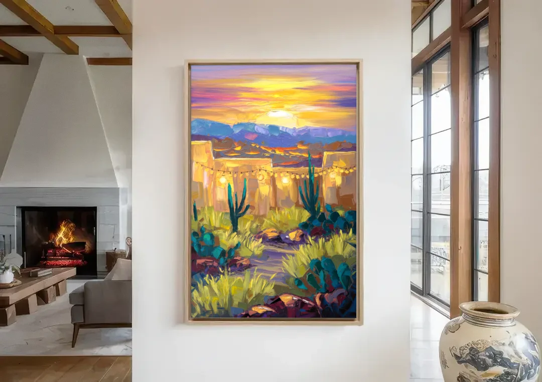 Santa Fe Sunlit Horizon canvas wall art in a living room with a fireplace