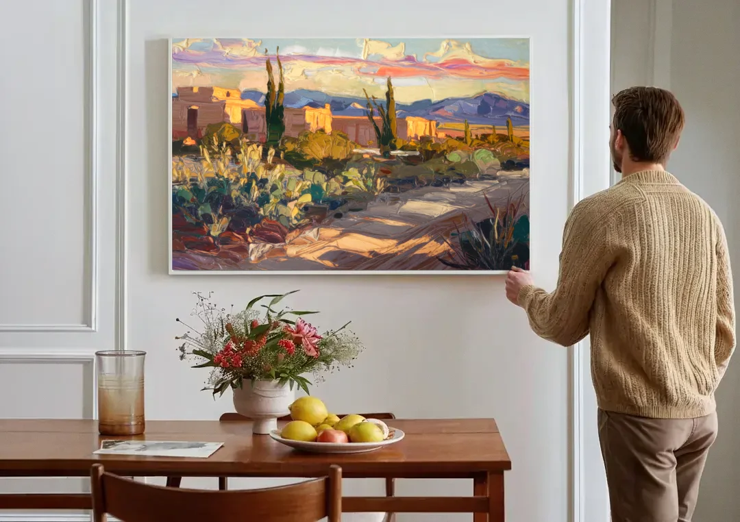 Santa Fe Sunset Landscape canvas wall art above a dining table