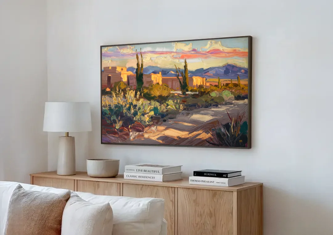 Santa Fe Sunset Landscape canvas wall art above a wooden sideboard next to a sofa
