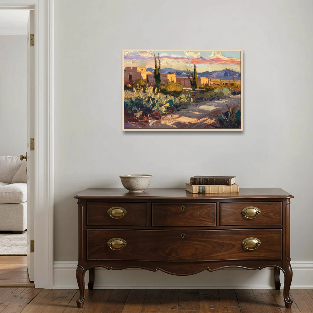 Santa Fe Sunset Landscape - Oak Framed Canvas Wall Art - Coffee Table - 36x24