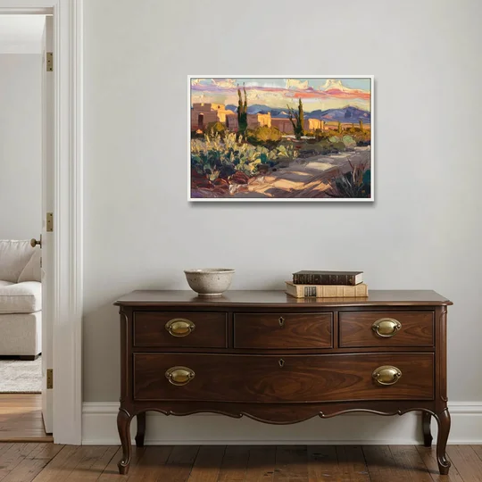Santa Fe Sunset Landscape - White Framed Canvas Wall Art - Coffee Table - 36x24