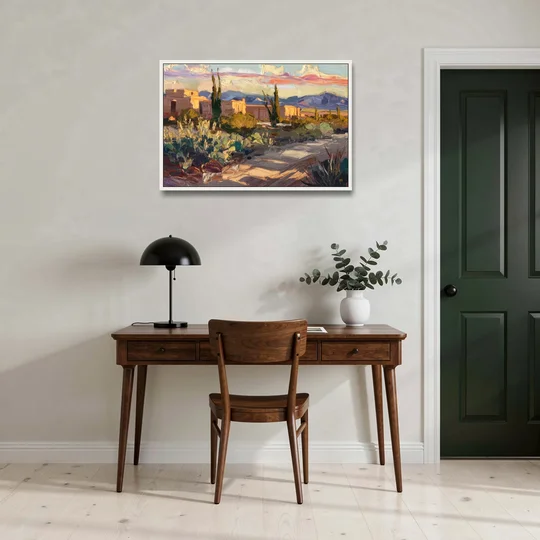 Santa Fe Sunset Landscape - White Framed Canvas Wall Art - Office - 36x24