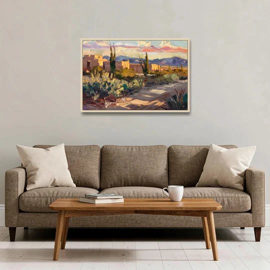 Santa Fe Sunset Landscape - Oak Framed Canvas Wall Art - Sofa - 36x24