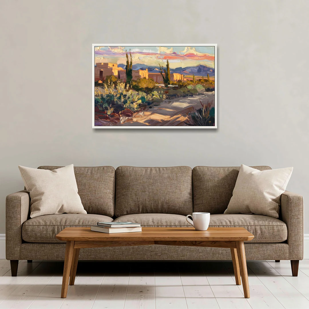 Santa Fe Sunset Landscape - White Framed Canvas Wall Art - Sofa - 36x24