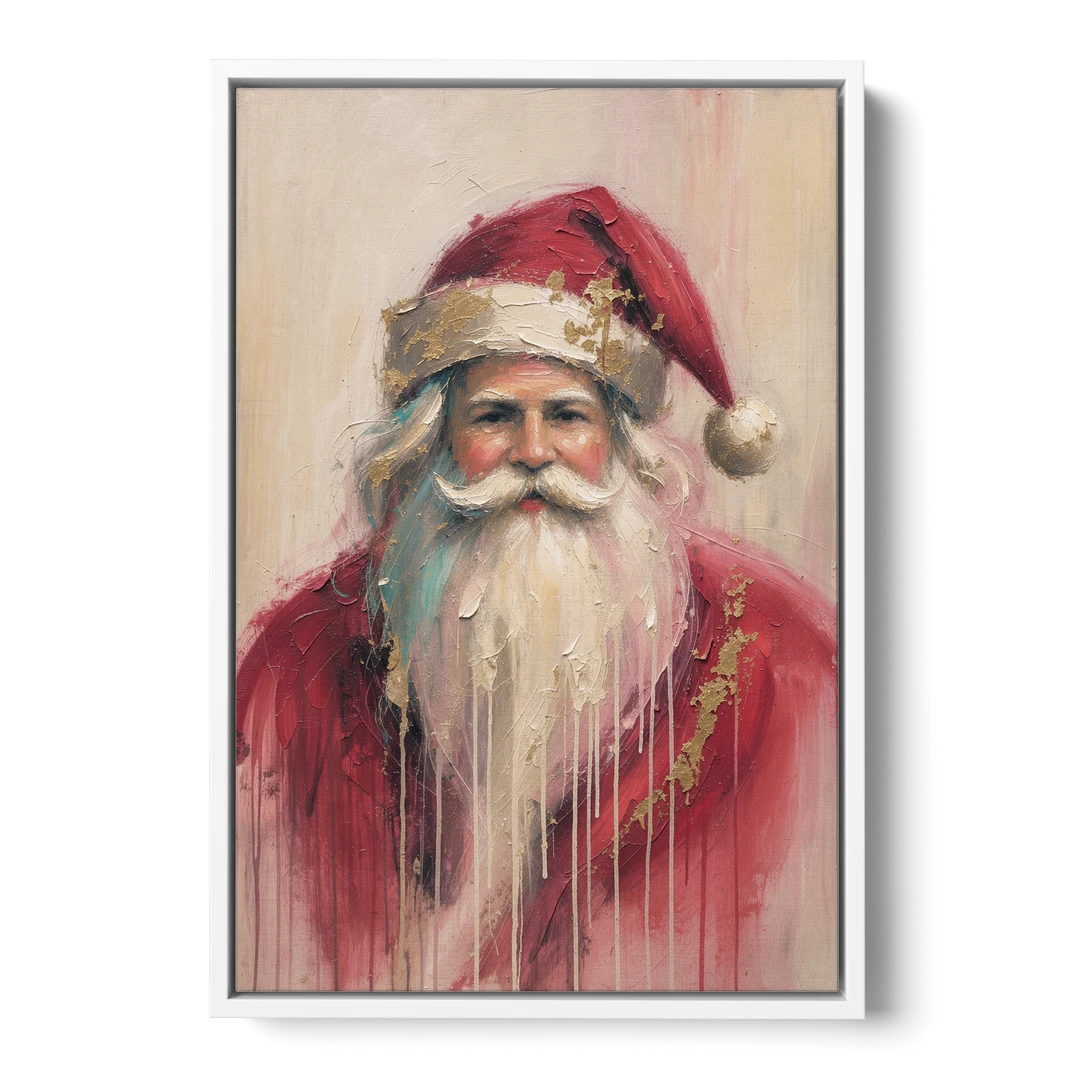 Abstract Christmas Santa in Gold Drips - White Framed Canvas Wall Art - Front