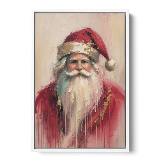 Abstract Christmas Santa in Gold Drips - White Framed Canvas Wall Art - Front