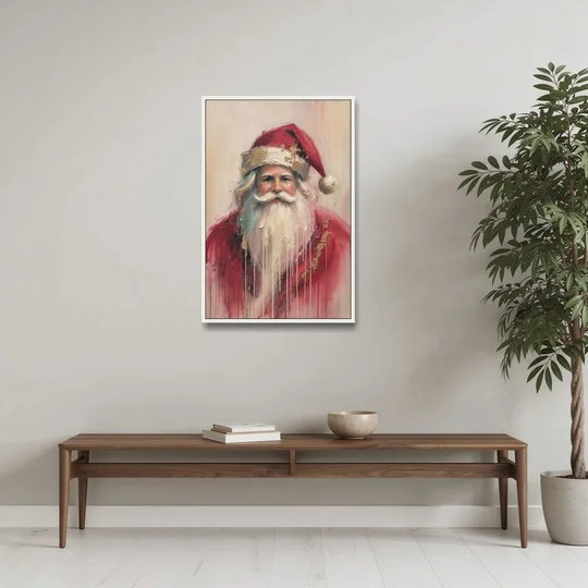 Abstract Christmas Santa in Gold Drips - White Framed Canvas Wall Art - Coffee Table - 24x36