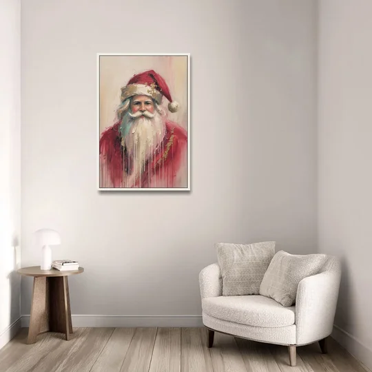 Abstract Christmas Santa in Gold Drips - White Framed Canvas Wall Art - Sofa - 24x36