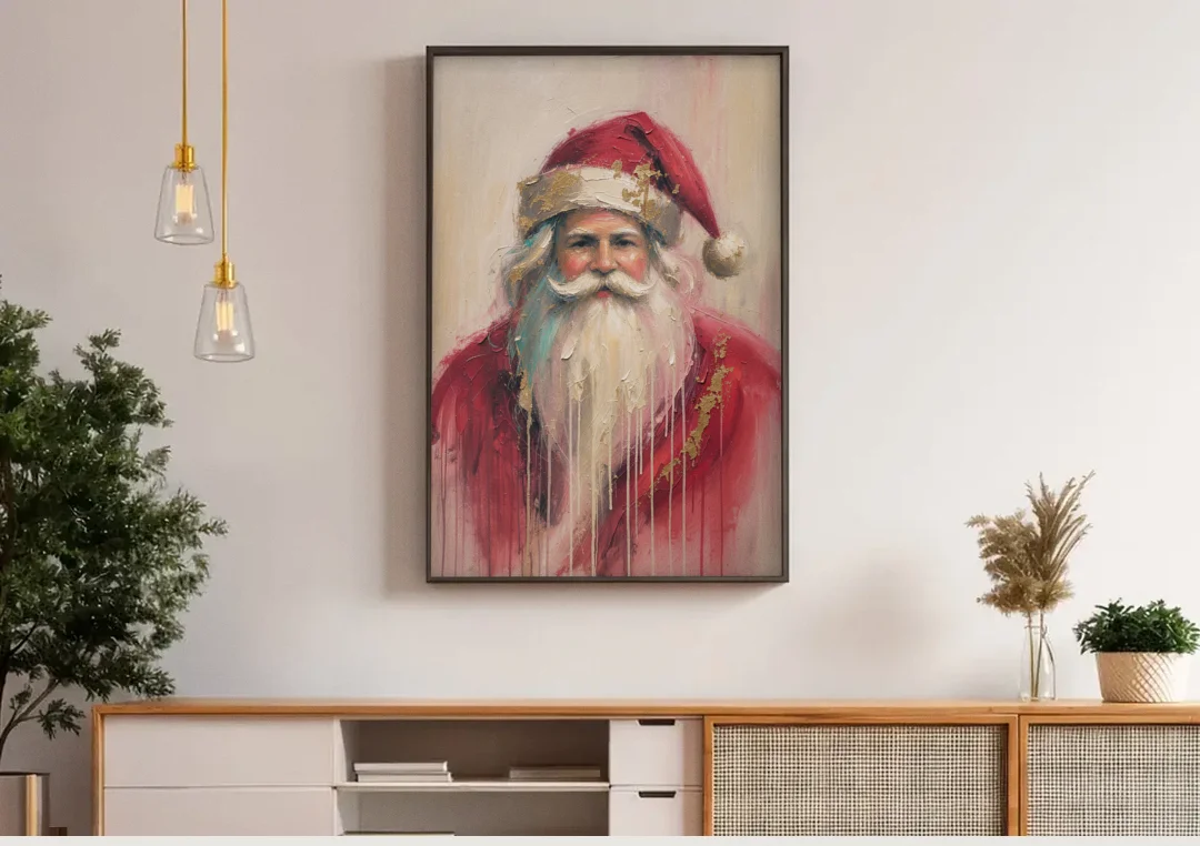 Abstract Christmas Santa in Gold Drips canvas wall art above a wooden sideboard under pendant lights