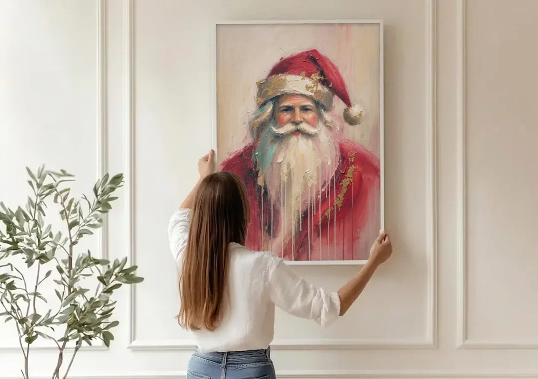 Abstract Christmas Santa in Gold Drips canvas wall art being hung on a paneled wall