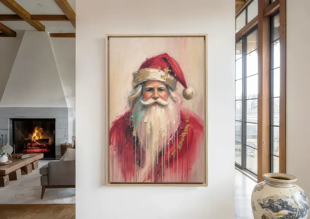 Abstract Christmas Santa in Gold Drips canvas wall art in a living room with a fireplace