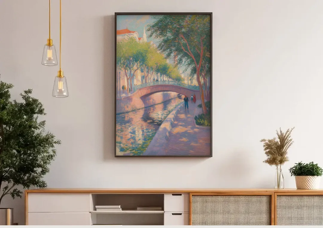 Santa Lucía Riverwalk canvas wall art above a wooden sideboard under pendant lights