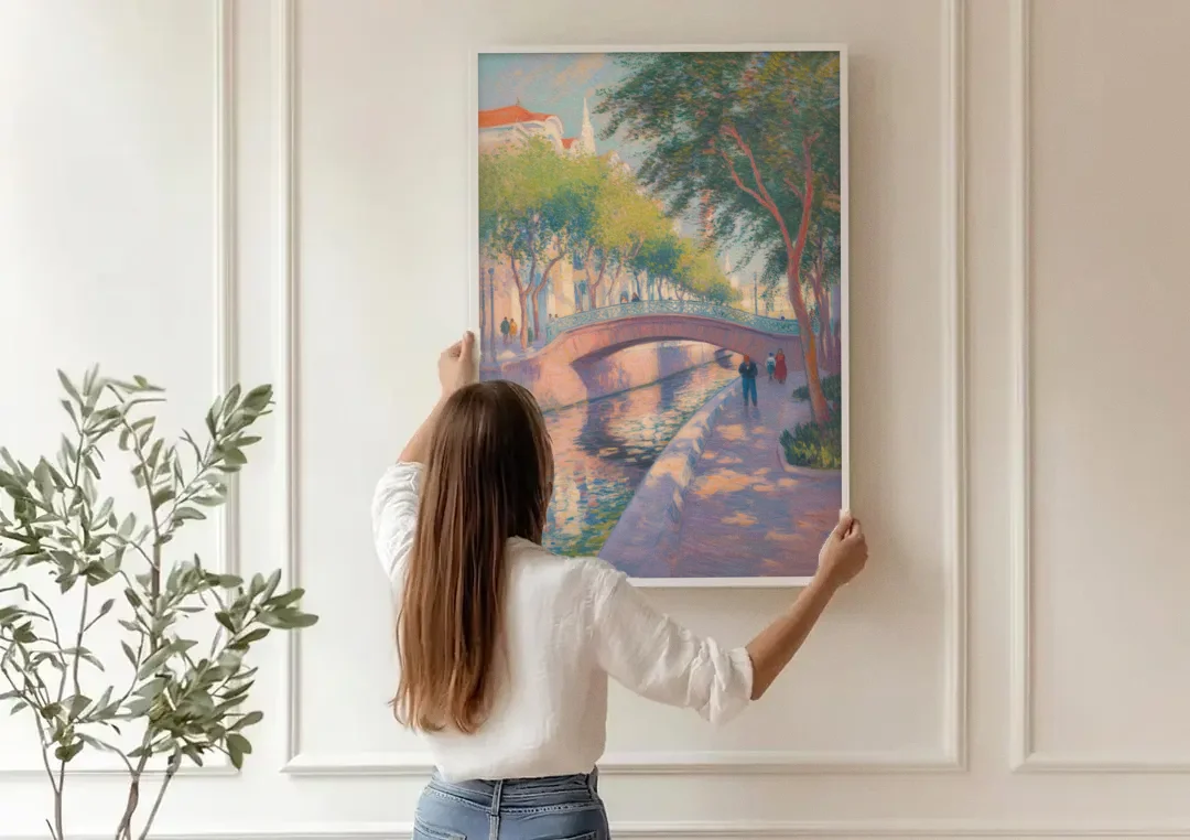 Santa Lucía Riverwalk canvas wall art being hung on a paneled wall