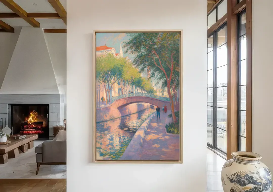 Santa Lucía Riverwalk canvas wall art in a living room with a fireplace