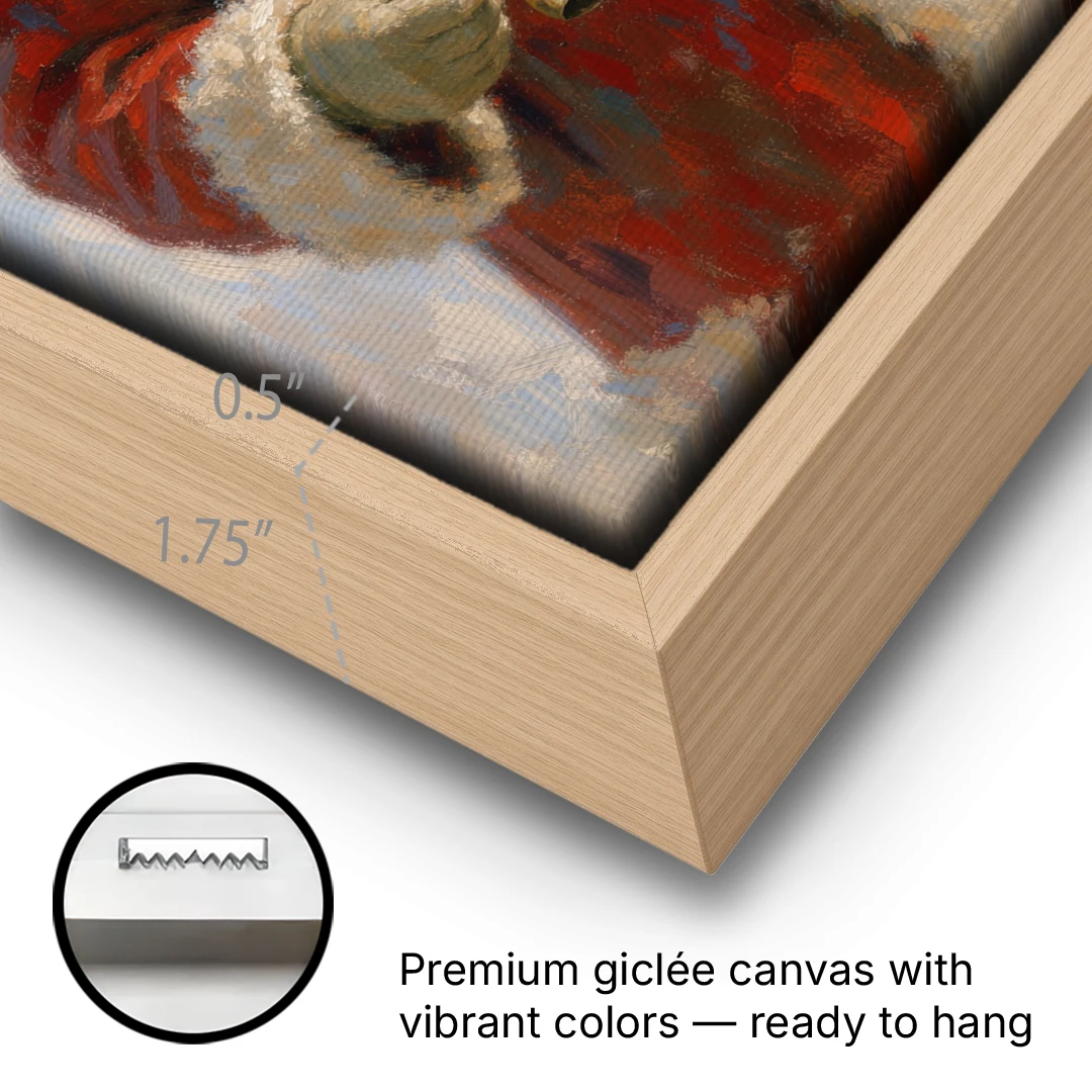 Santa Painting on Canvas with Sleigh Bells - Oak Framed Canvas Wall Art - Gallery Wrap Corner
