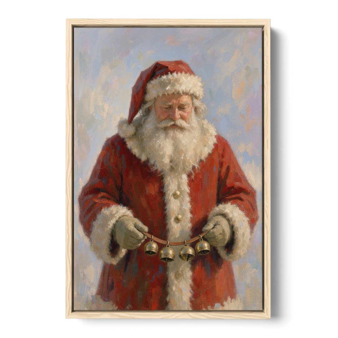 Santa Painting on Canvas with Sleigh Bells - Oak Framed Canvas Wall Art - Front