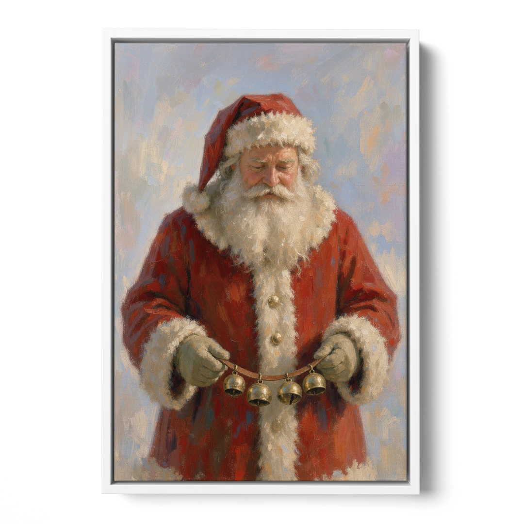 Santa Painting on Canvas with Sleigh Bells - White Framed Canvas Wall Art - Front