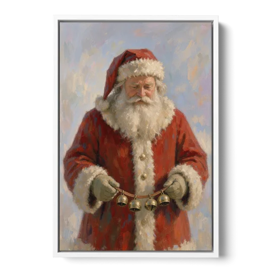 Santa Painting on Canvas with Sleigh Bells - White Framed Canvas Wall Art - Front