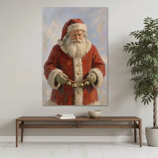 Santa Painting on Canvas with Sleigh Bells - Canvas Wall Art - Coffee Table - 40x60