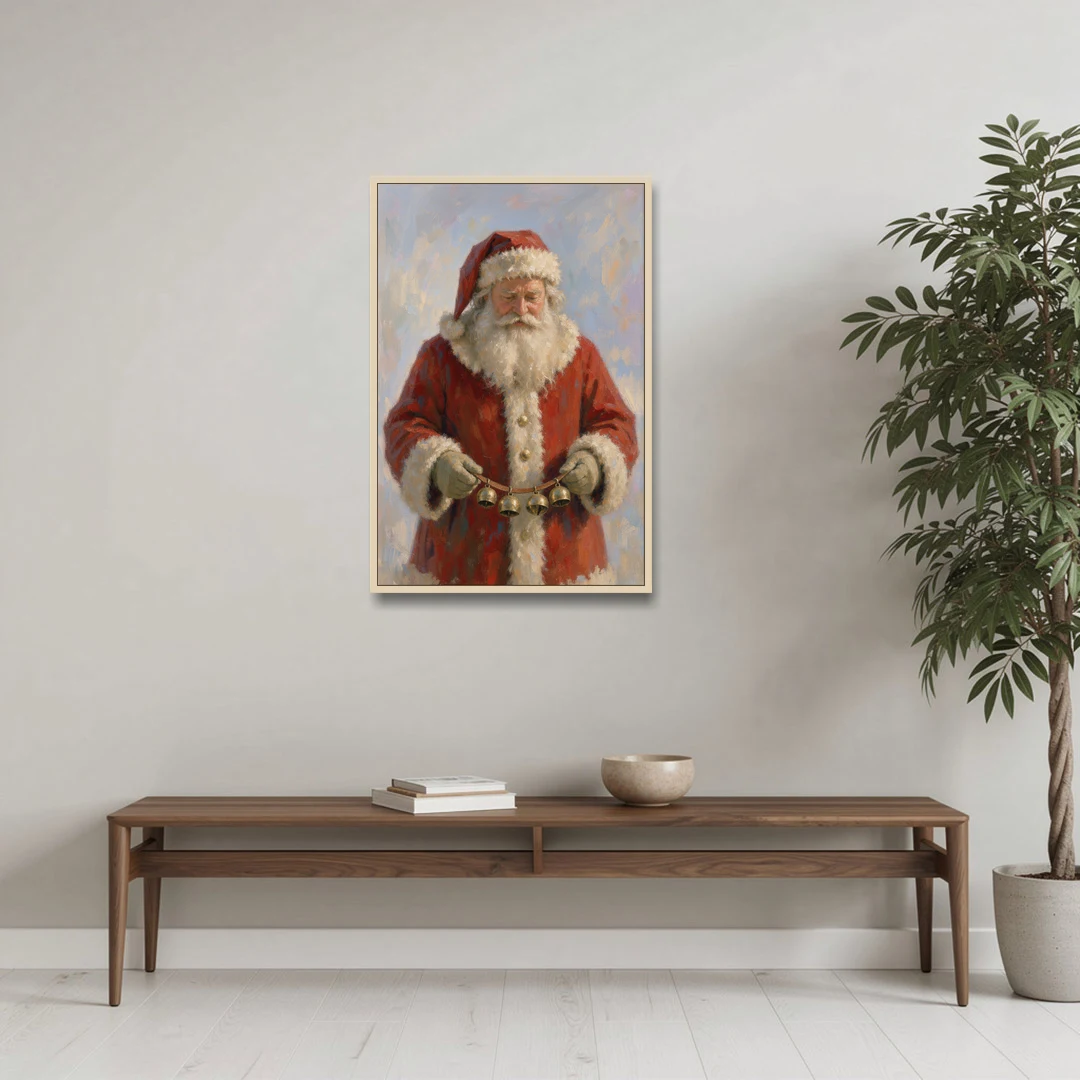 Santa Painting on Canvas with Sleigh Bells - Oak Framed Canvas Wall Art - Coffee Table - 24x36