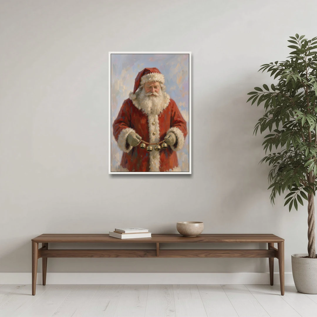 Santa Painting on Canvas with Sleigh Bells - White Framed Canvas Wall Art - Coffee Table - 24x36