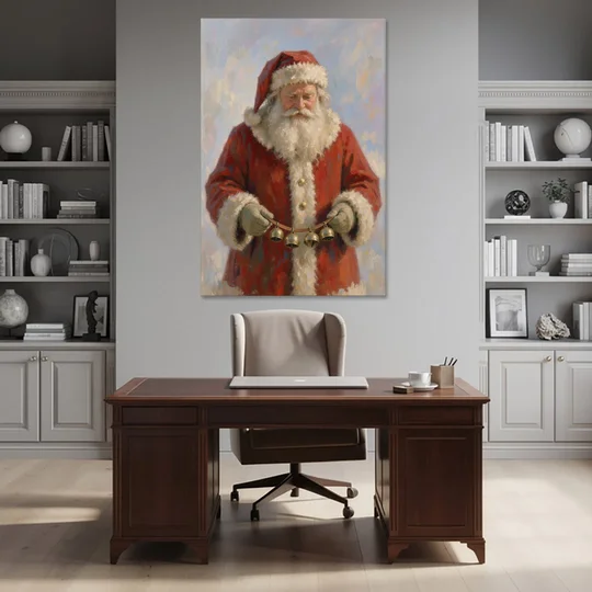 Santa Painting on Canvas with Sleigh Bells - Canvas Wall Art - Office - 40x60