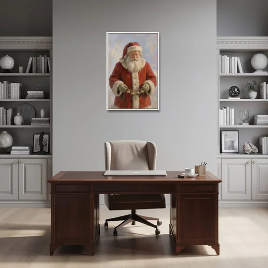 Santa Painting on Canvas with Sleigh Bells - White Framed Canvas Wall Art - Office - 24x36