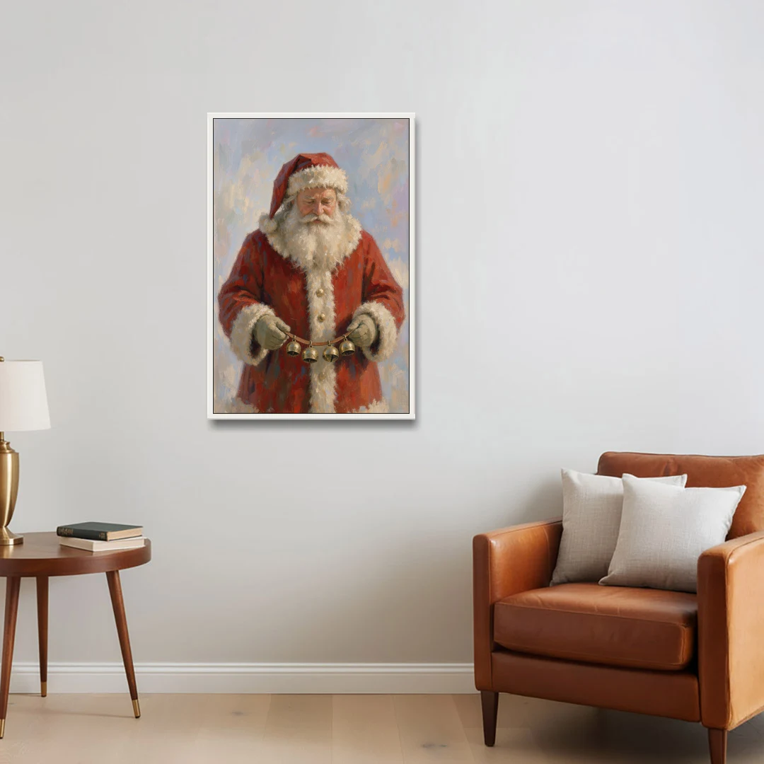 Santa Painting on Canvas with Sleigh Bells - White Framed Canvas Wall Art - Sofa - 24x36