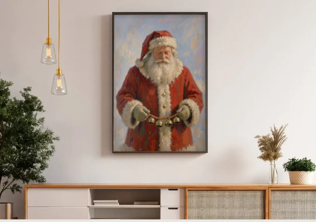 Santa Painting on Canvas with Sleigh Bells canvas wall art above a wooden sideboard under pendant lights
