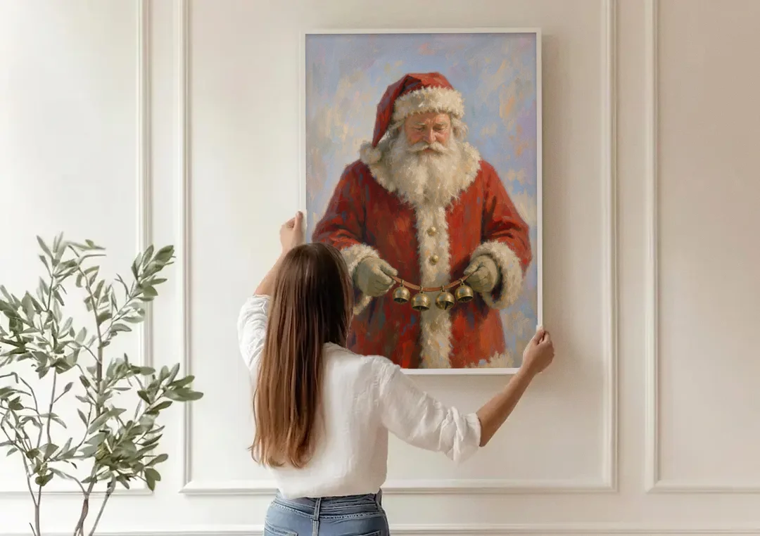 Santa Painting on Canvas with Sleigh Bells canvas wall art being hung on a paneled wall