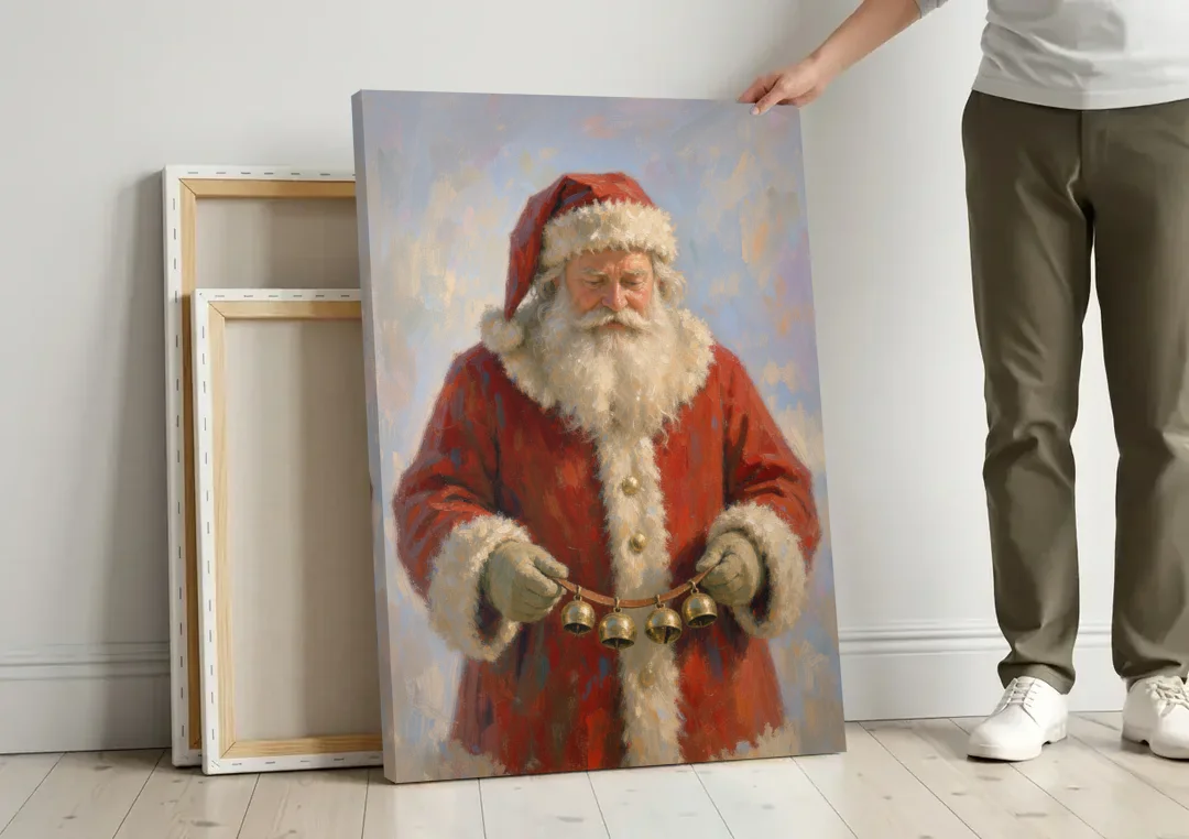 Santa Painting on Canvas with Sleigh Bells canvas wall art leaning against a wall next to blank canvases