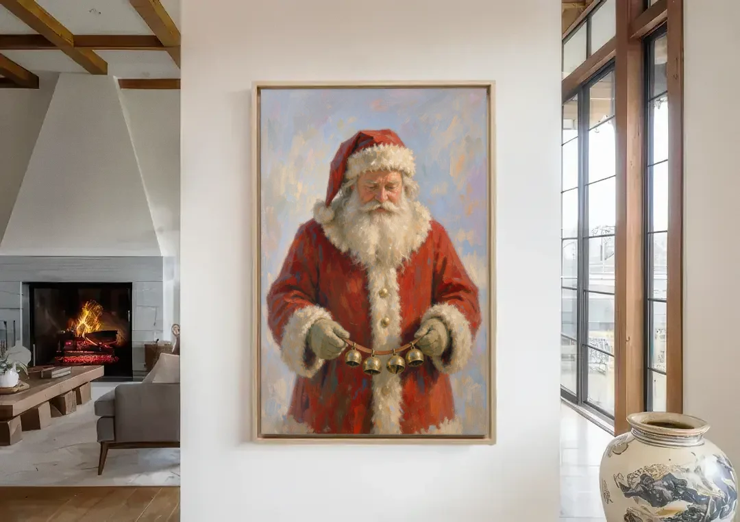 Santa Painting on Canvas with Sleigh Bells canvas wall art in a living room with a fireplace