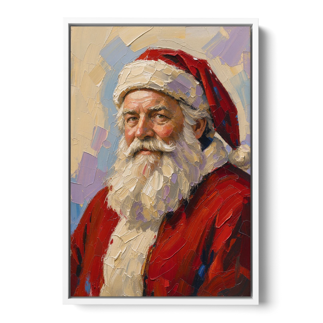 Santa Portrait Painting in Lavender and Red - White Framed Canvas Wall Art - Front