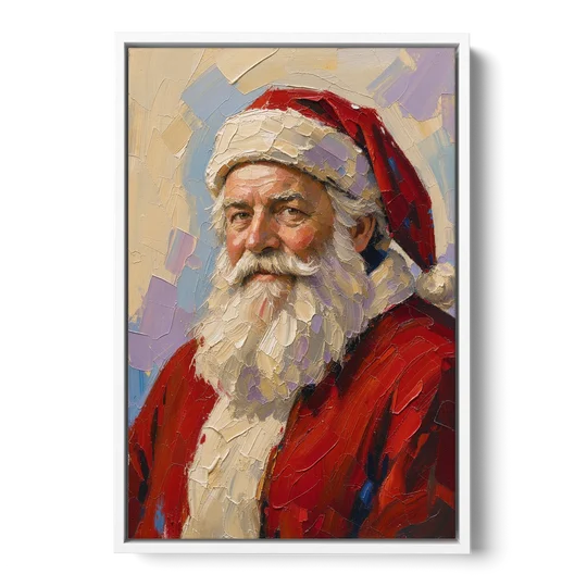 Santa Portrait Painting in Lavender and Red - White Framed Canvas Wall Art - Front