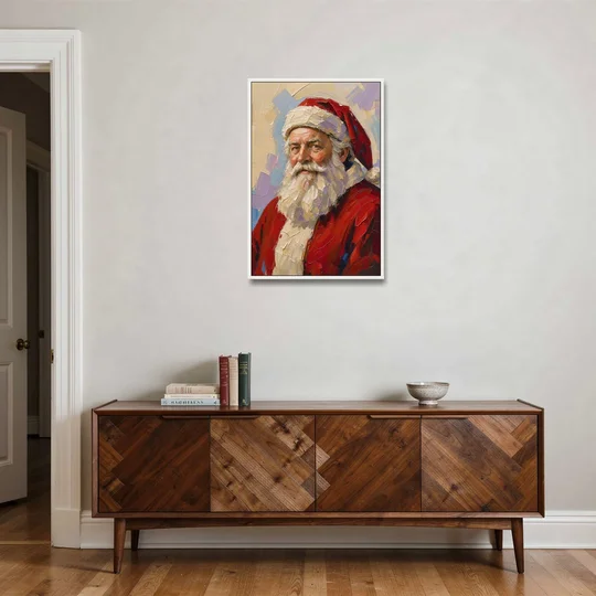 Santa Portrait Painting in Lavender and Red - White Framed Canvas Wall Art - Coffee Table - 24x36