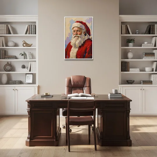 Santa Portrait Painting in Lavender and Red - White Framed Canvas Wall Art - Office - 24x36
