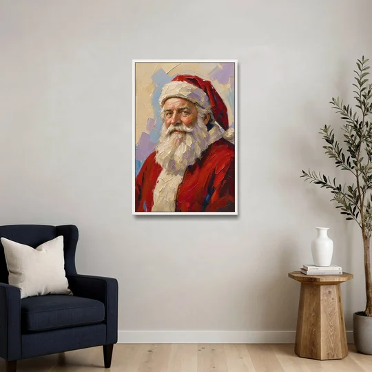 Santa Portrait Painting in Lavender and Red - White Framed Canvas Wall Art - Sofa - 24x36