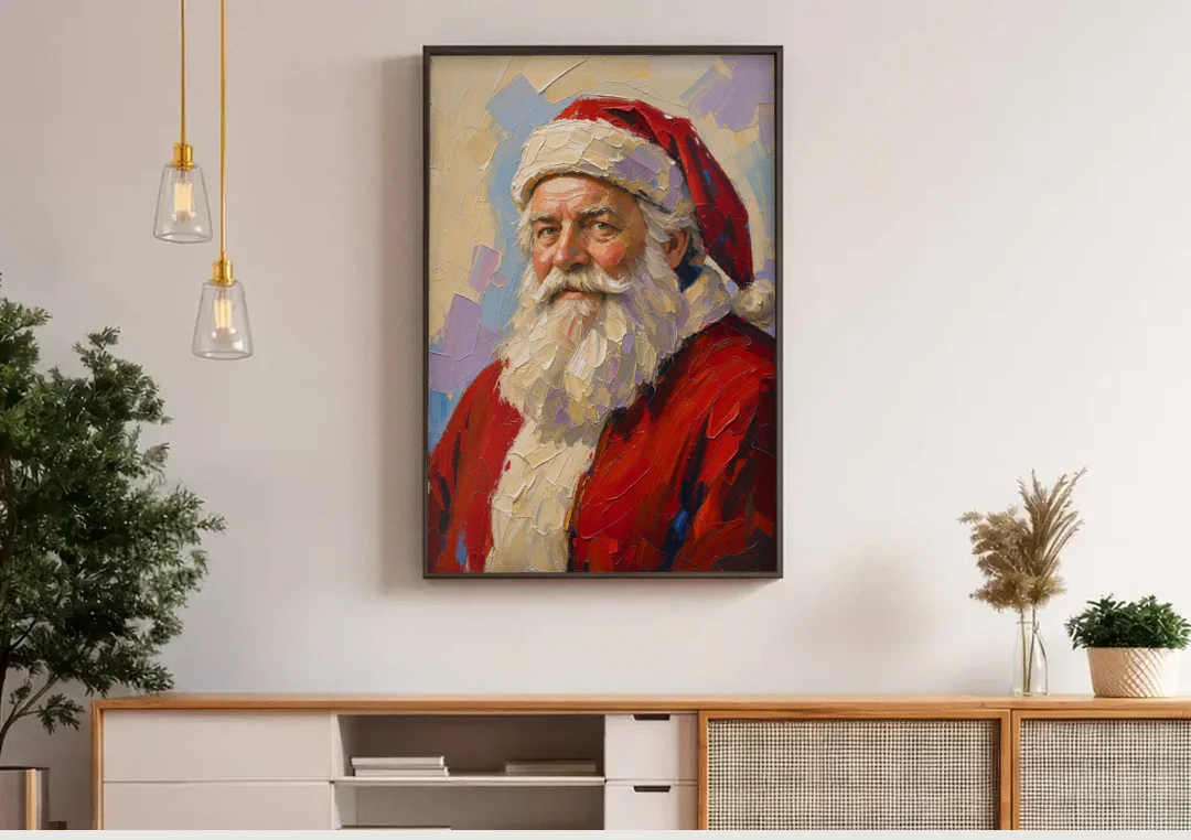 Santa Portrait Painting in Lavender and Red canvas wall art above a wooden sideboard under pendant lights